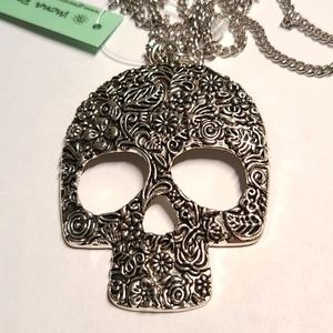 Necklace - Pendant on Chain. Floral Skull.